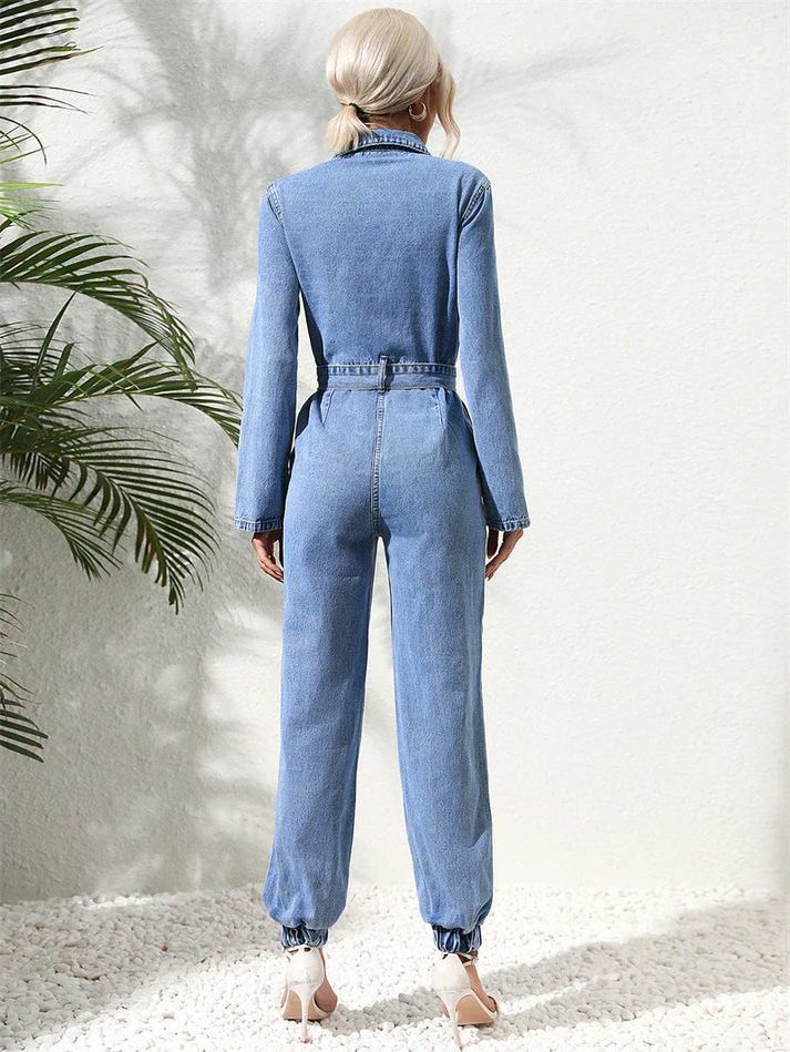 Amabel | Lockerer Jeans-Jumpsuit mit Gürtel und langen Ärmeln für Damen