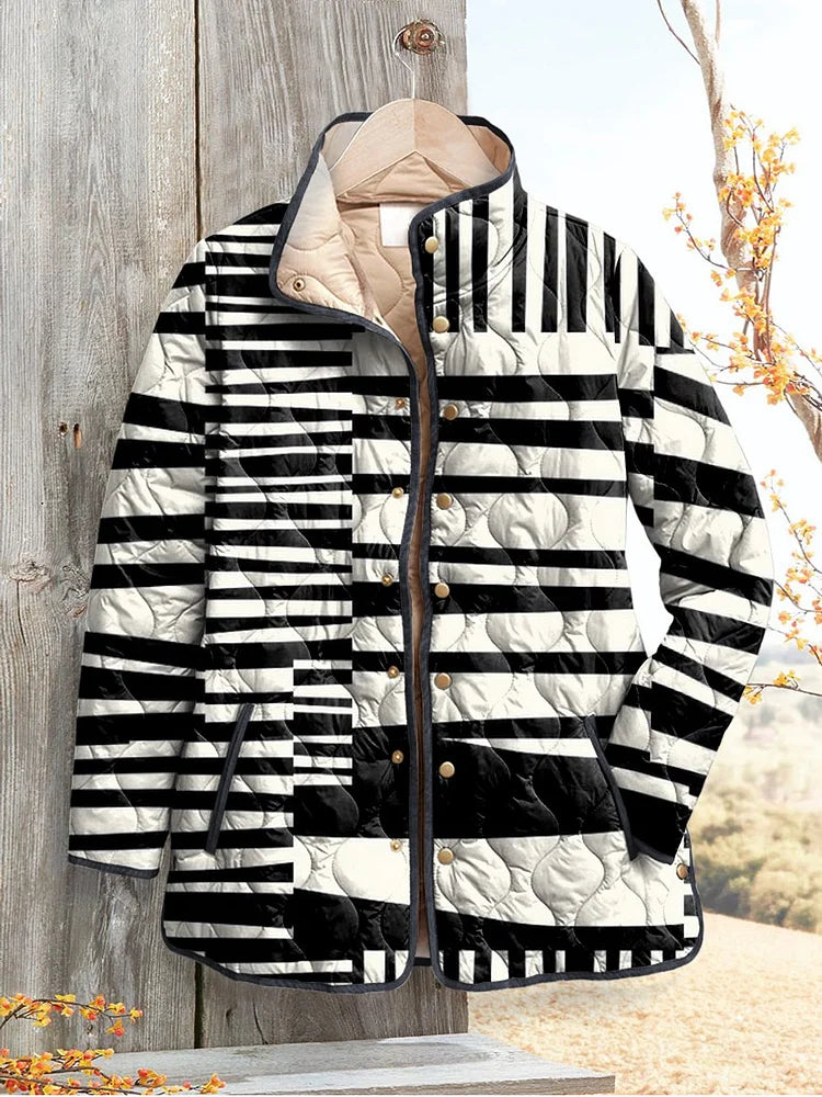 Olivia | Gestreifte Steppjacke mit Kapuze und Stehkragen für Damen