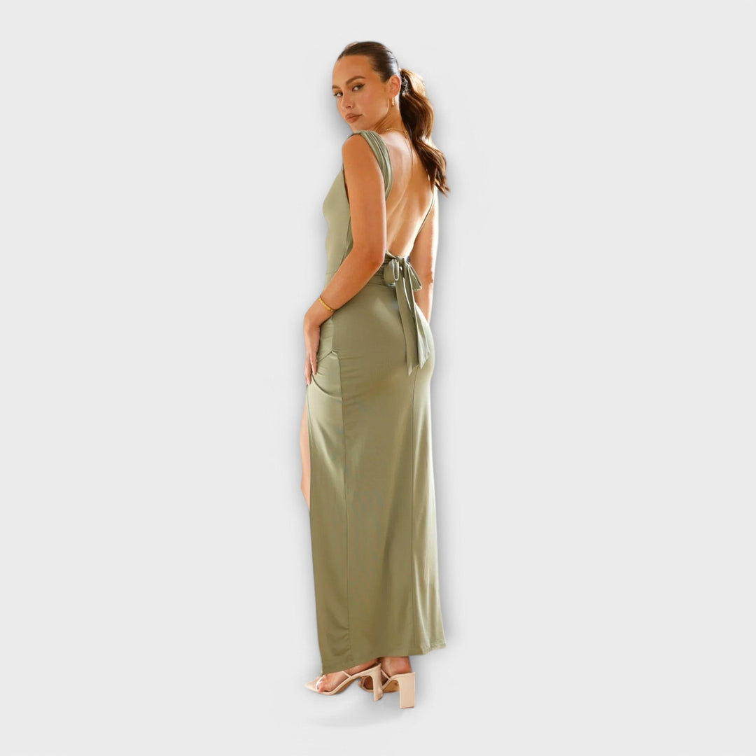 Ellie - Olivgrünes figurbetontes Midikleid mit Schlitz