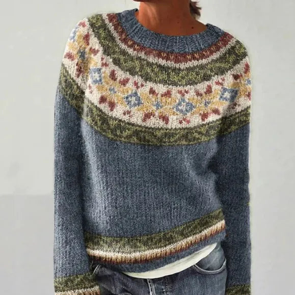 Selene | Rippstrickpullover mit Rundhalsausschnitt und gestreifter Passe für Damen