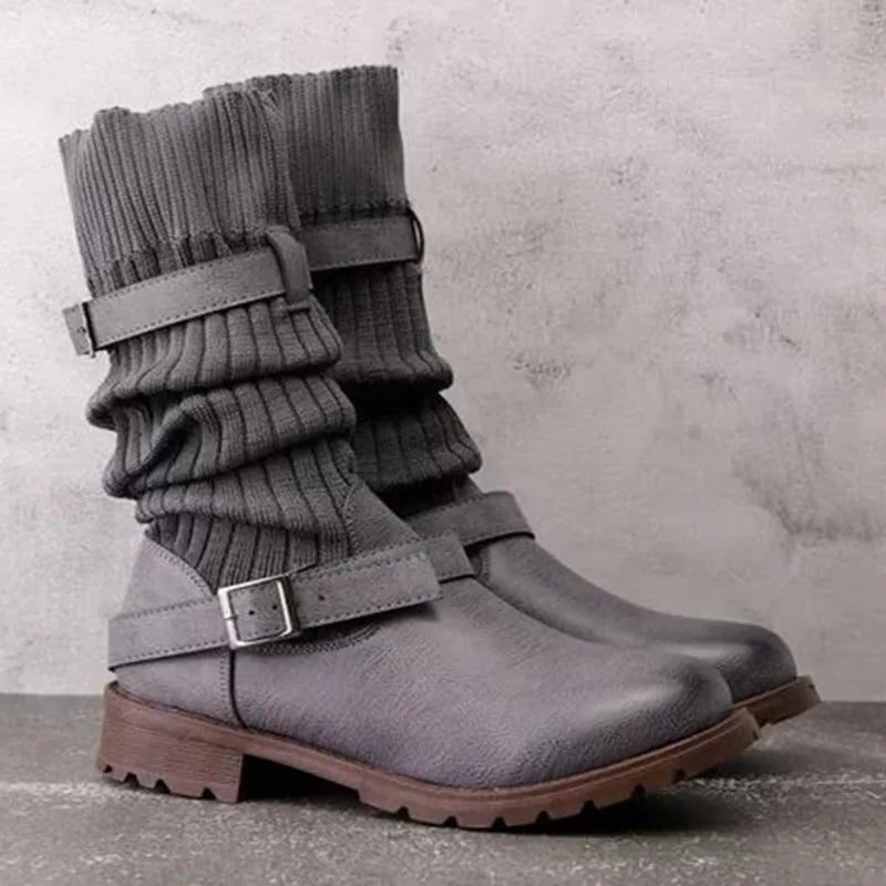 Calista | Slouch-Winterstiefel mit Strickschaft und Schnallenriemen für Damen