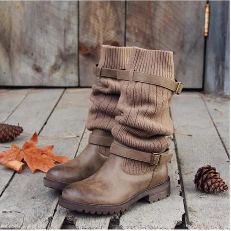 Calista | Slouch-Winterstiefel mit Strickschaft und Schnallenriemen für Damen
