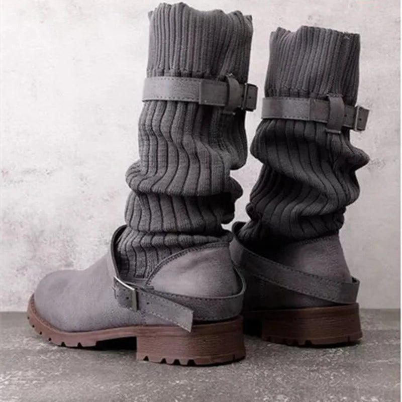 Calista | Slouch-Winterstiefel mit Strickschaft und Schnallenriemen für Damen
