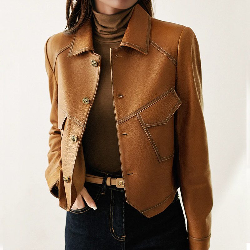 Casey | Kurze Vintage-Lederjacke mit Knopfleiste für Damen