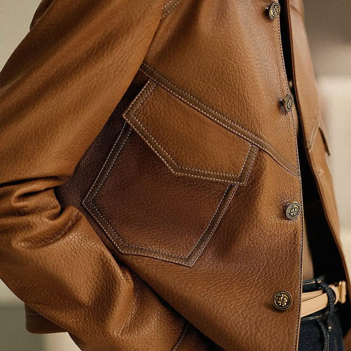 Casey | Kurze Vintage-Lederjacke mit Knopfleiste für Damen
