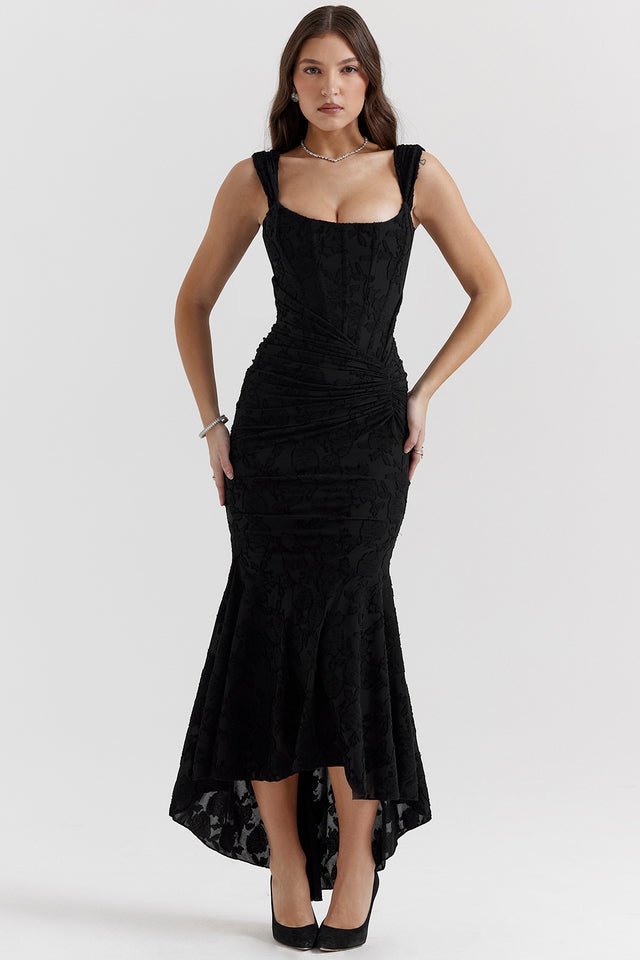 Charlotte | Gerafftes Bodycon-Damen-Maxikleid mit eckigem Ausschnitt für Hochzeitsgäste