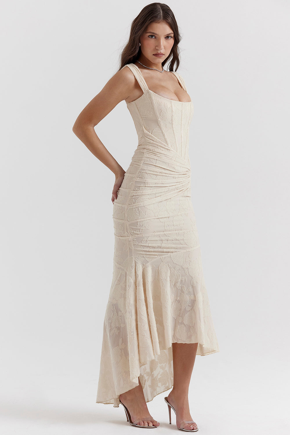 Charlotte | Gerafftes Bodycon-Damen-Maxikleid mit eckigem Ausschnitt für Hochzeitsgäste