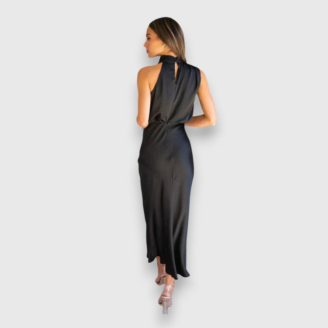 Zenaida - Cremefarbenes Satinkleid mit Neckholder