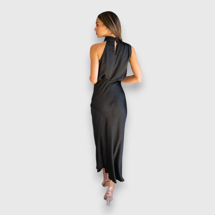 Zenaida - Cremefarbenes Satinkleid mit Neckholder
