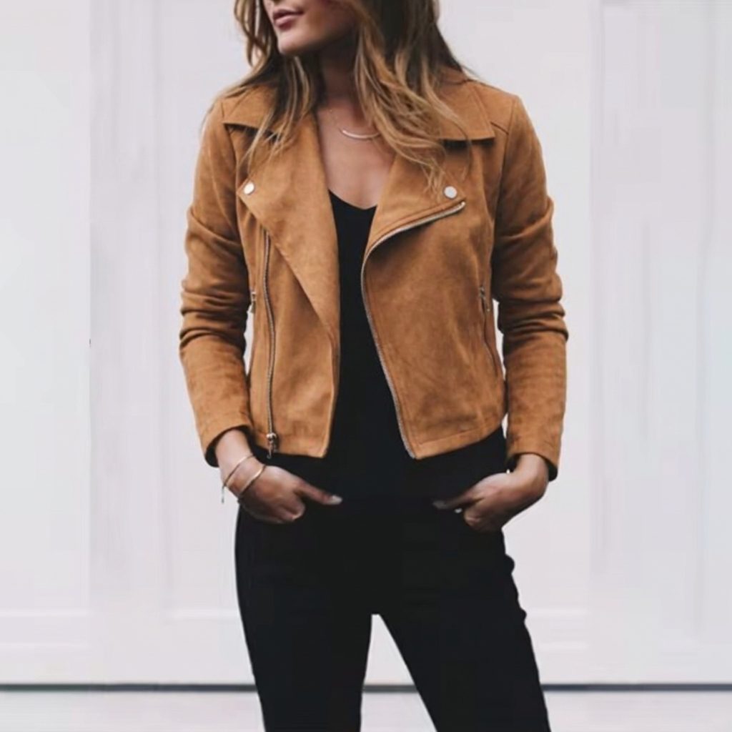 Danika | Kurze Wildlederjacke mit asymmetrischem Reissverschluss und Reverskragen für Damen