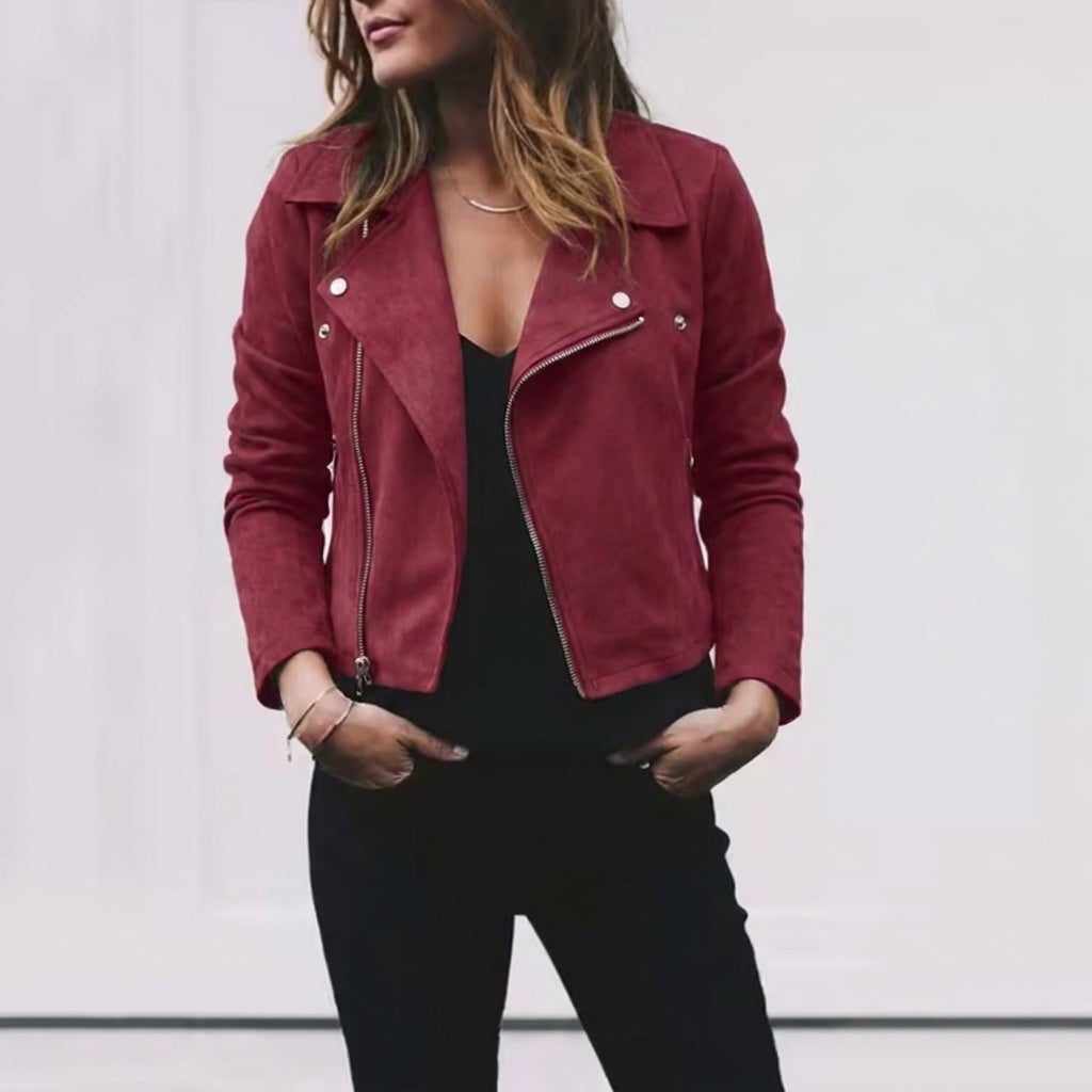 Danika | Kurze Wildlederjacke mit asymmetrischem Reissverschluss und Reverskragen für Damen