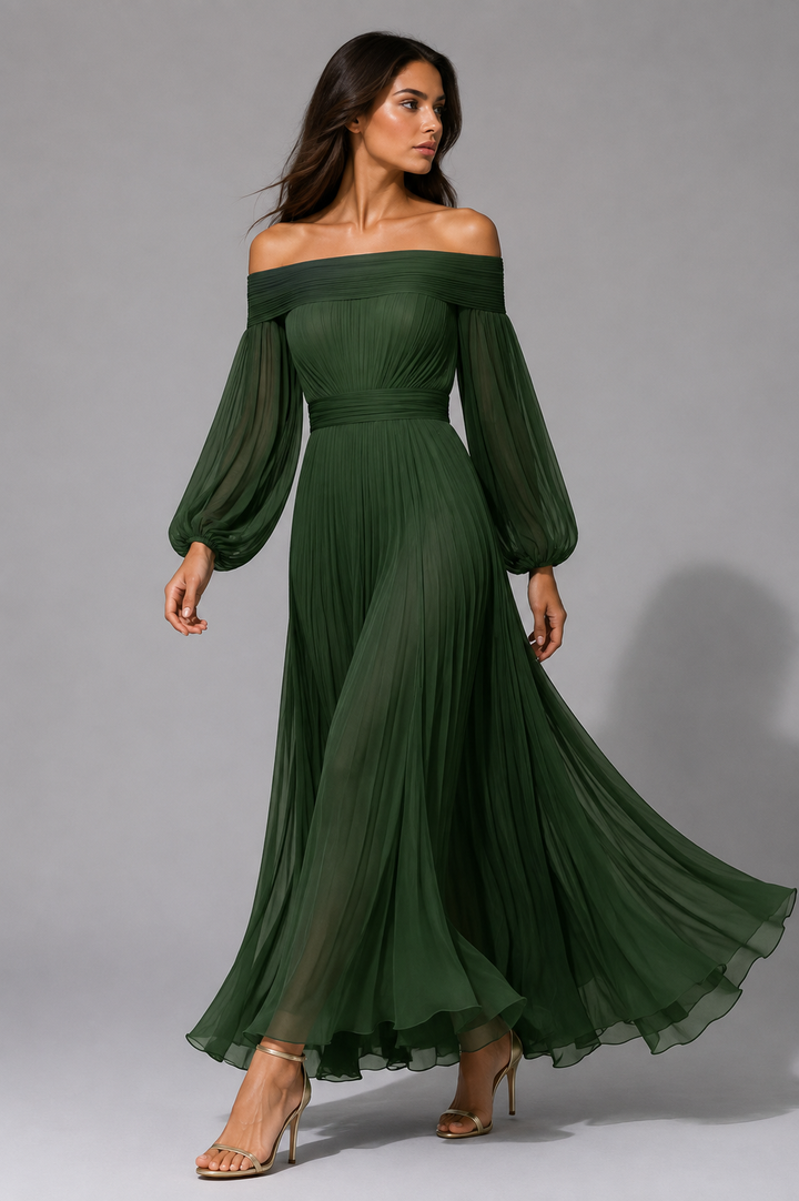 Dilys | Plissiertes schulterfreies Damen-Maxikleid für Hochzeitsgäste im Herbst