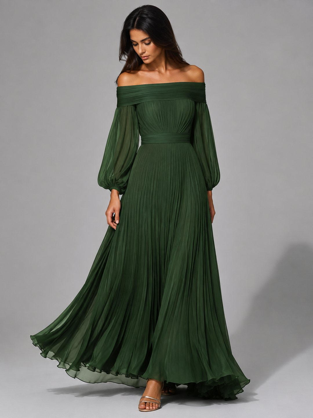 Dilys | Plissiertes schulterfreies Damen-Maxikleid für Hochzeitsgäste im Herbst