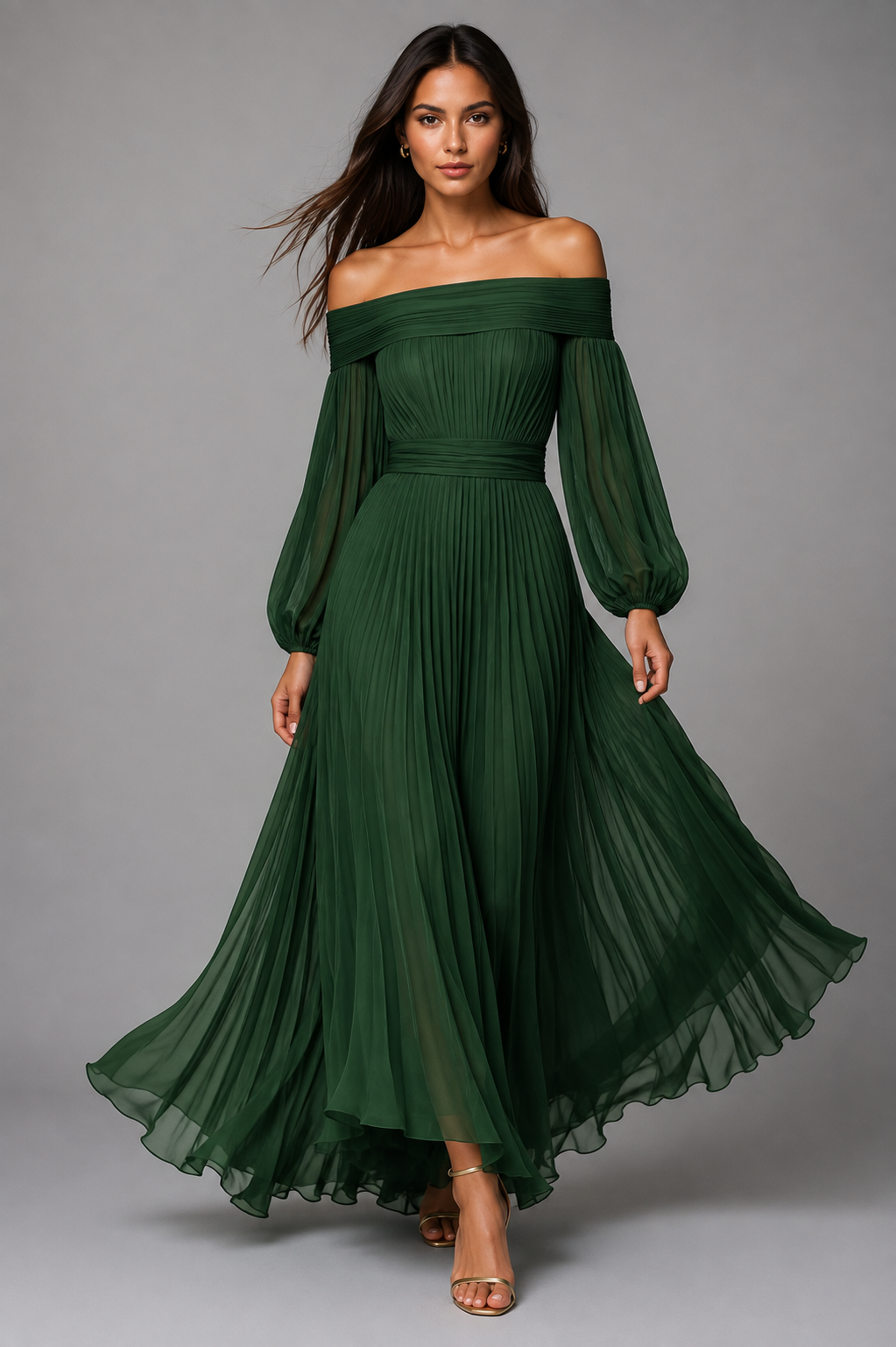 Dilys | Plissiertes schulterfreies Damen-Maxikleid für Hochzeitsgäste im Herbst