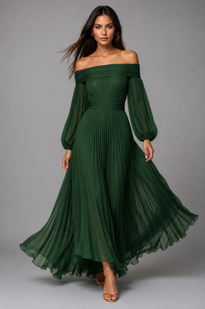Dilys | Plissiertes schulterfreies Damen-Maxikleid für Hochzeitsgäste im Herbst