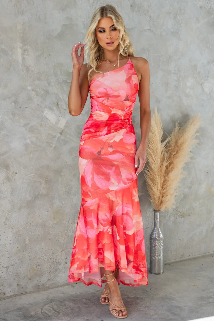 Chandra | Geblümtes trägerloses Damen-Maxikleid mit Raffung in der Taille für Hochzeitsgäste