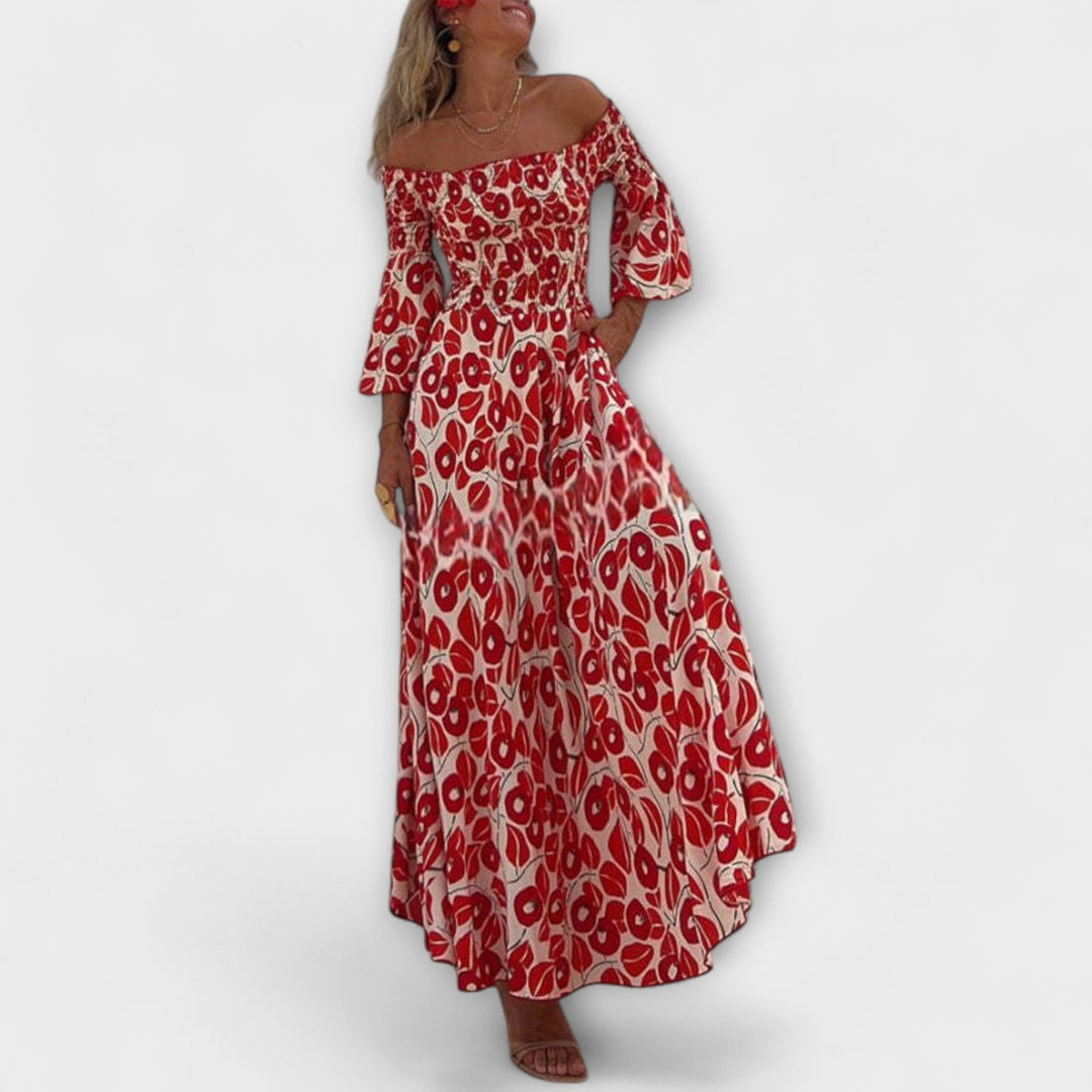 Sienna - Rotes schulterfreies Maxikleid mit Blüten