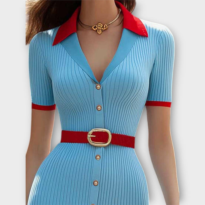 Sina - Babyblaues Rippstrick-Bleistiftkleid