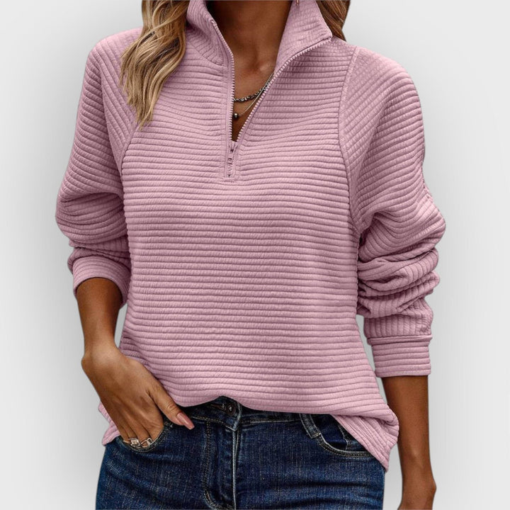 Elisa | Rippstrickpullover mit V-Ausschnitt und kurzem Reissverschluss für Damen