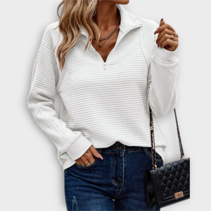 Elisa | Rippstrickpullover mit V-Ausschnitt und kurzem Reissverschluss für Damen