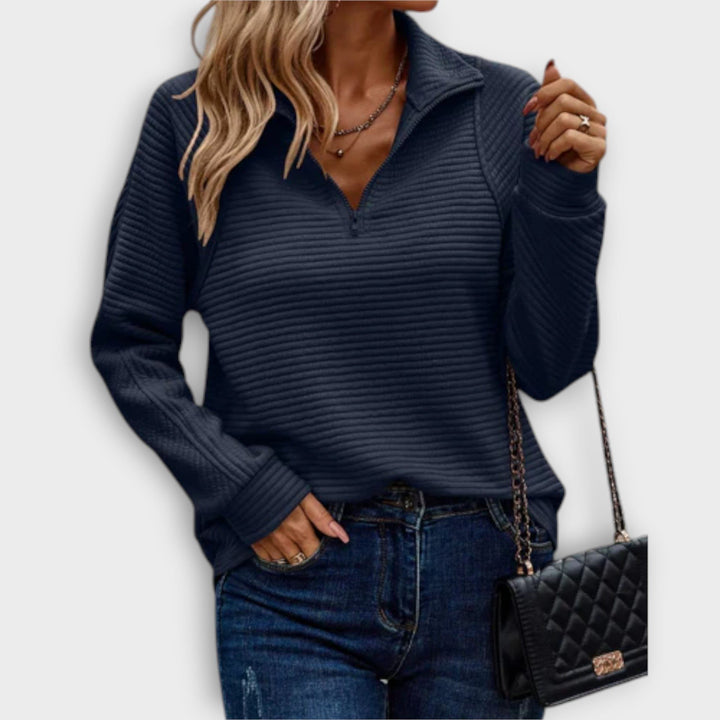 Elisa | Rippstrickpullover mit V-Ausschnitt und kurzem Reissverschluss für Damen