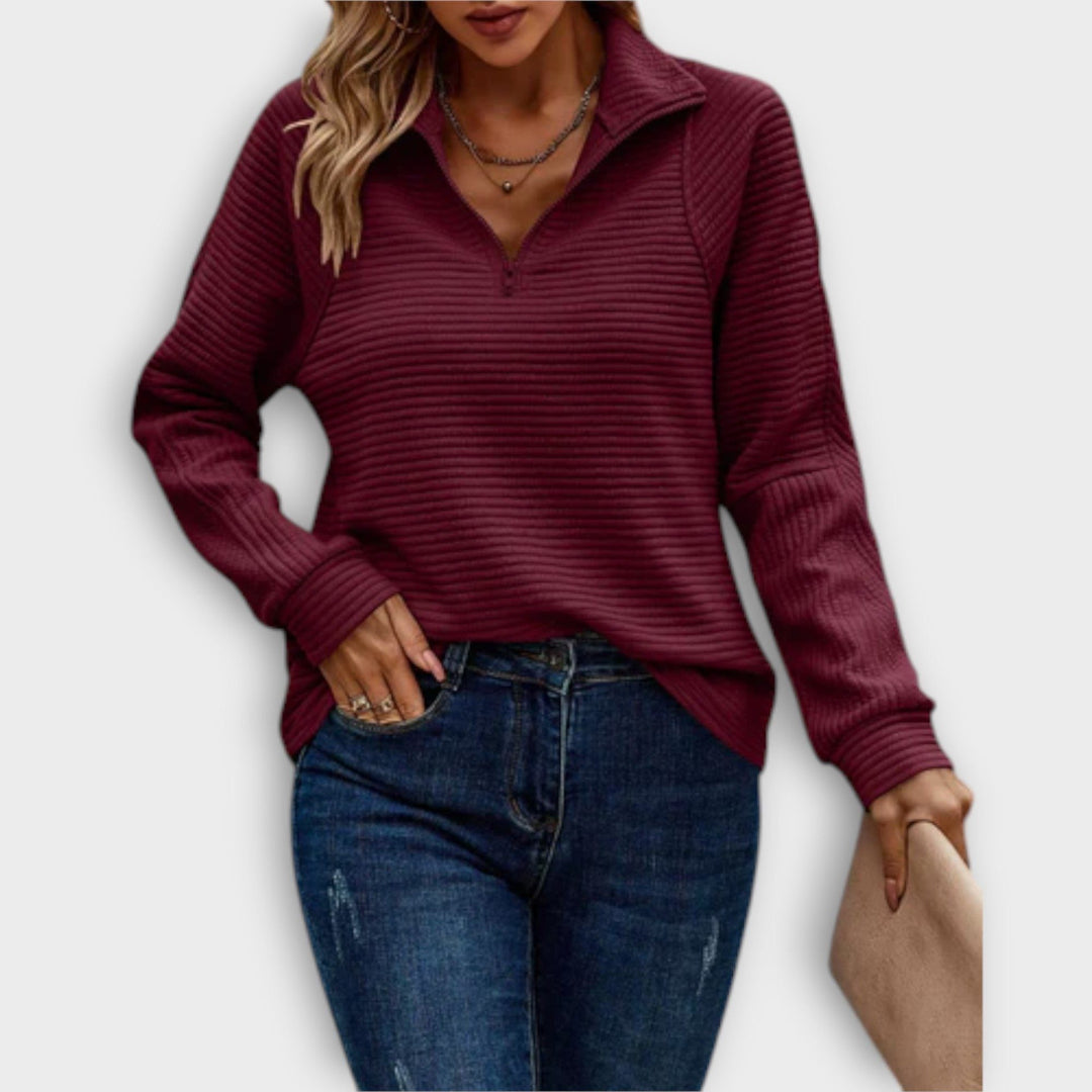 Elisa | Rippstrickpullover mit V-Ausschnitt und kurzem Reissverschluss für Damen