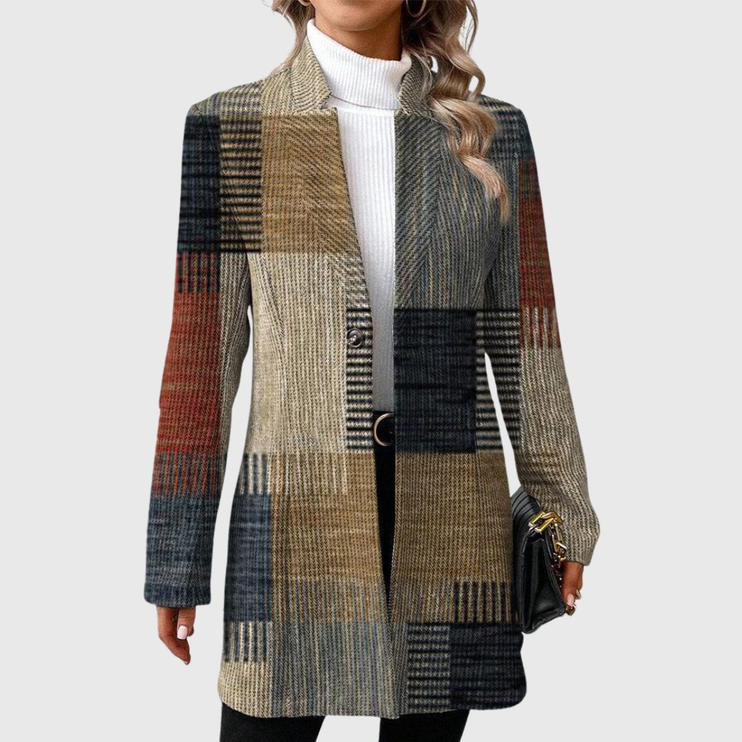 Elle | Langer Blazer mit Patchworkmuster und Gürtel für Damen
