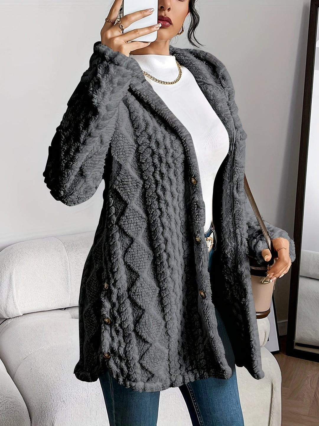 Erin | Oversized-Fleecejacke mit Kapuze und Knopfleiste für Damen