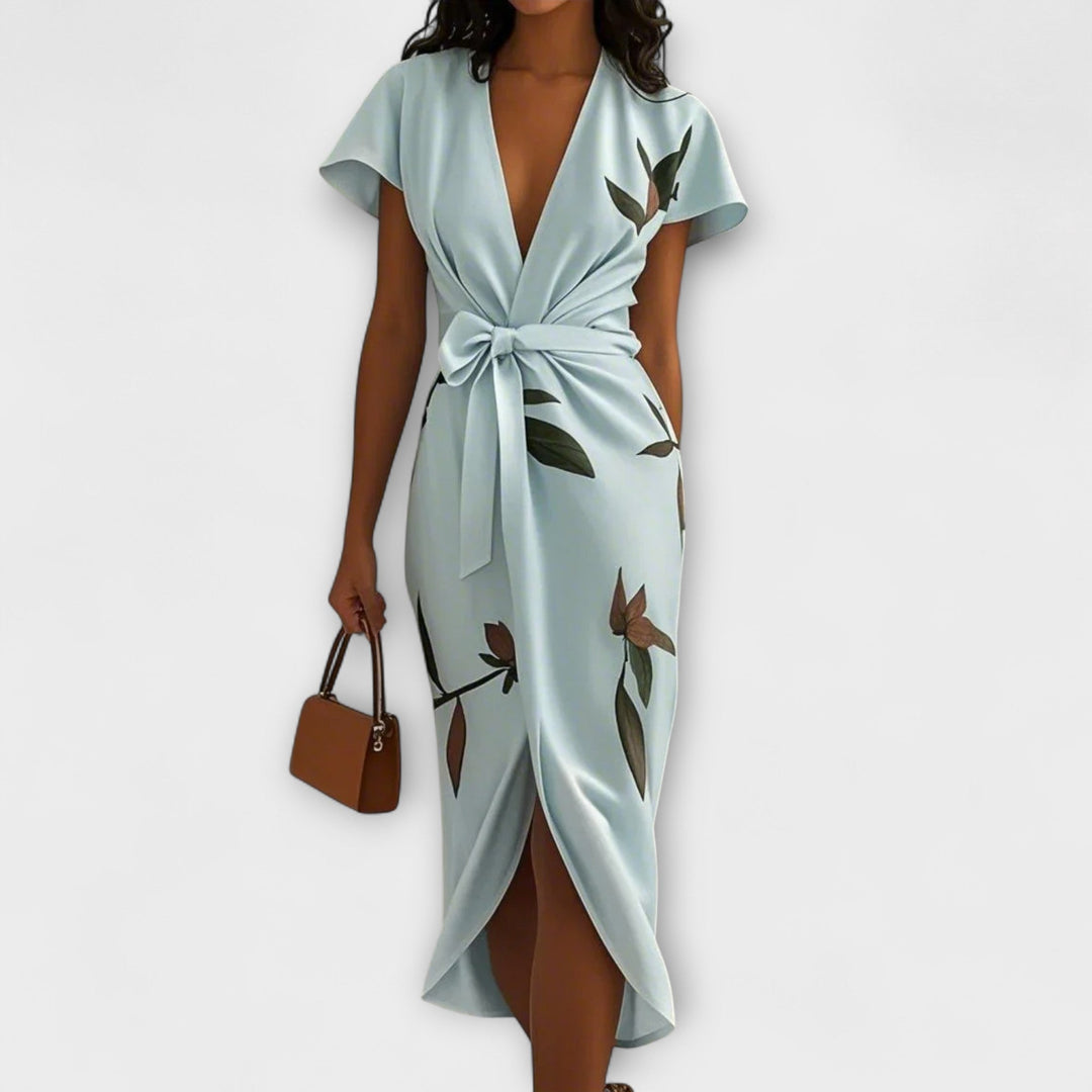 Satin-Wickelkleid in Creme mit Blütenmuster