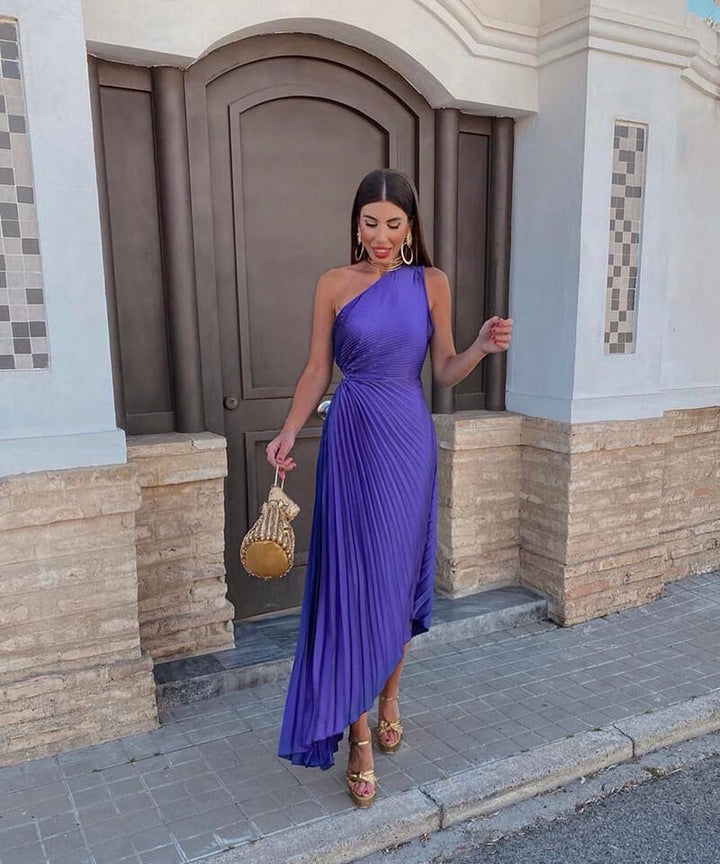 Xochitl | Plissiertes One-Shoulder-Damen-Midikleid mit asymmetrischem Saum für Hochzeitsgäste