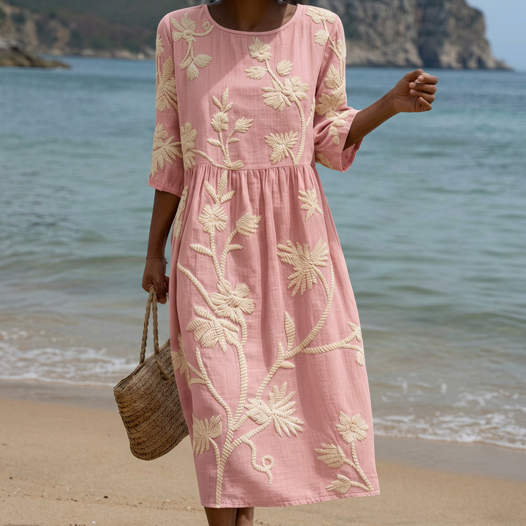 Paula - Rosafarbenes Midi-Kleid mit Blütenstickerei