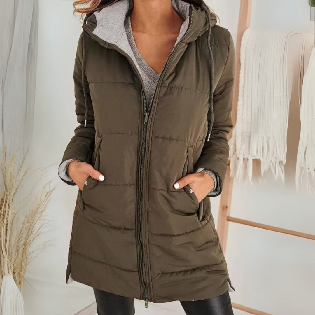 Freida | Lange Steppjacke mit Kapuze für Damen