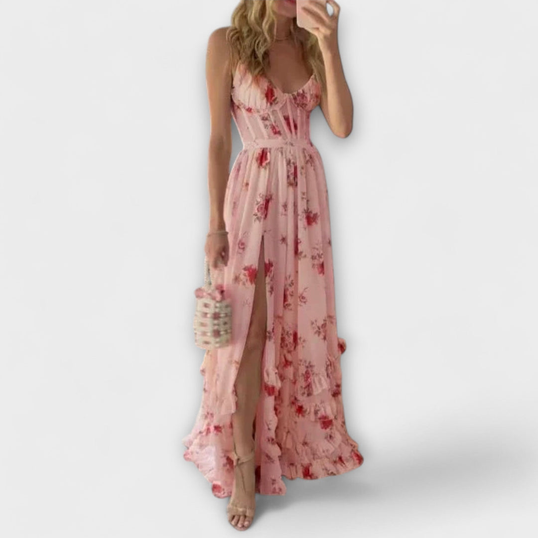 Hazel - Cremefarbenes Maxikleid mit Blütenmuster