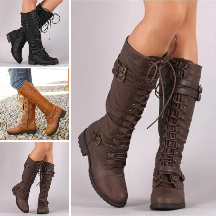 Huguette | Kniehohe Schnürstiefel mit Doppelschnallen für Damen