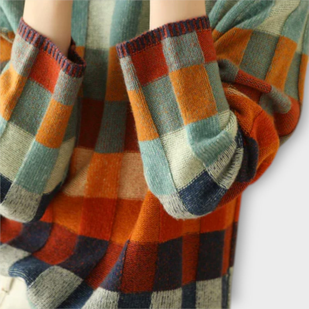 Erika - Bunter Patchwork-Rollkragenpullover mit Karomuster