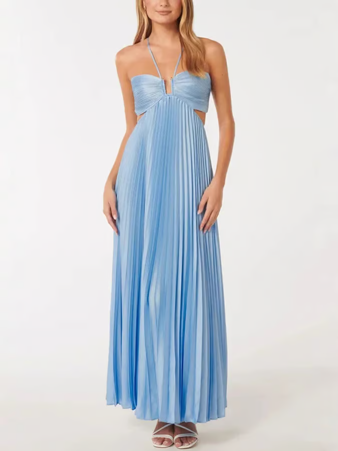 Ameline | Blaues plissiertes Damen-Neckholder-Maxikleid mit tailliertem Oberteil für Hochzeitsgäste