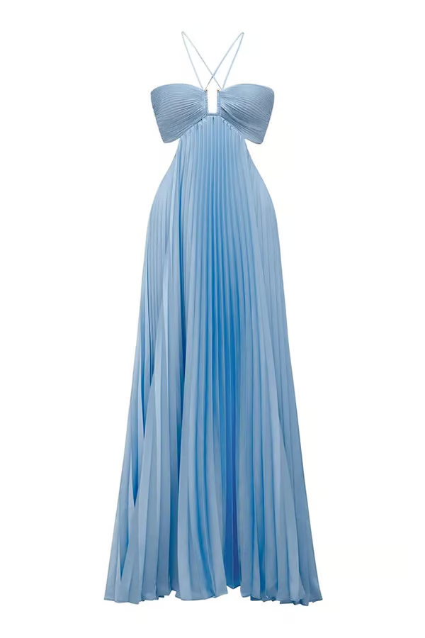 Ameline | Blaues plissiertes Damen-Neckholder-Maxikleid mit tailliertem Oberteil für Hochzeitsgäste