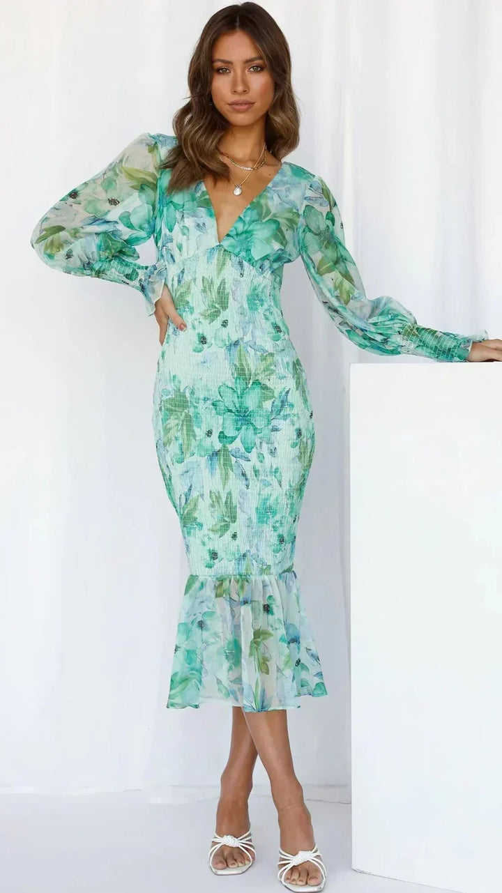 Vilhelmina | Damen-Midikleid mit V-Ausschnitt, Puffärmeln und Volantsaum für Hochzeitsgäste