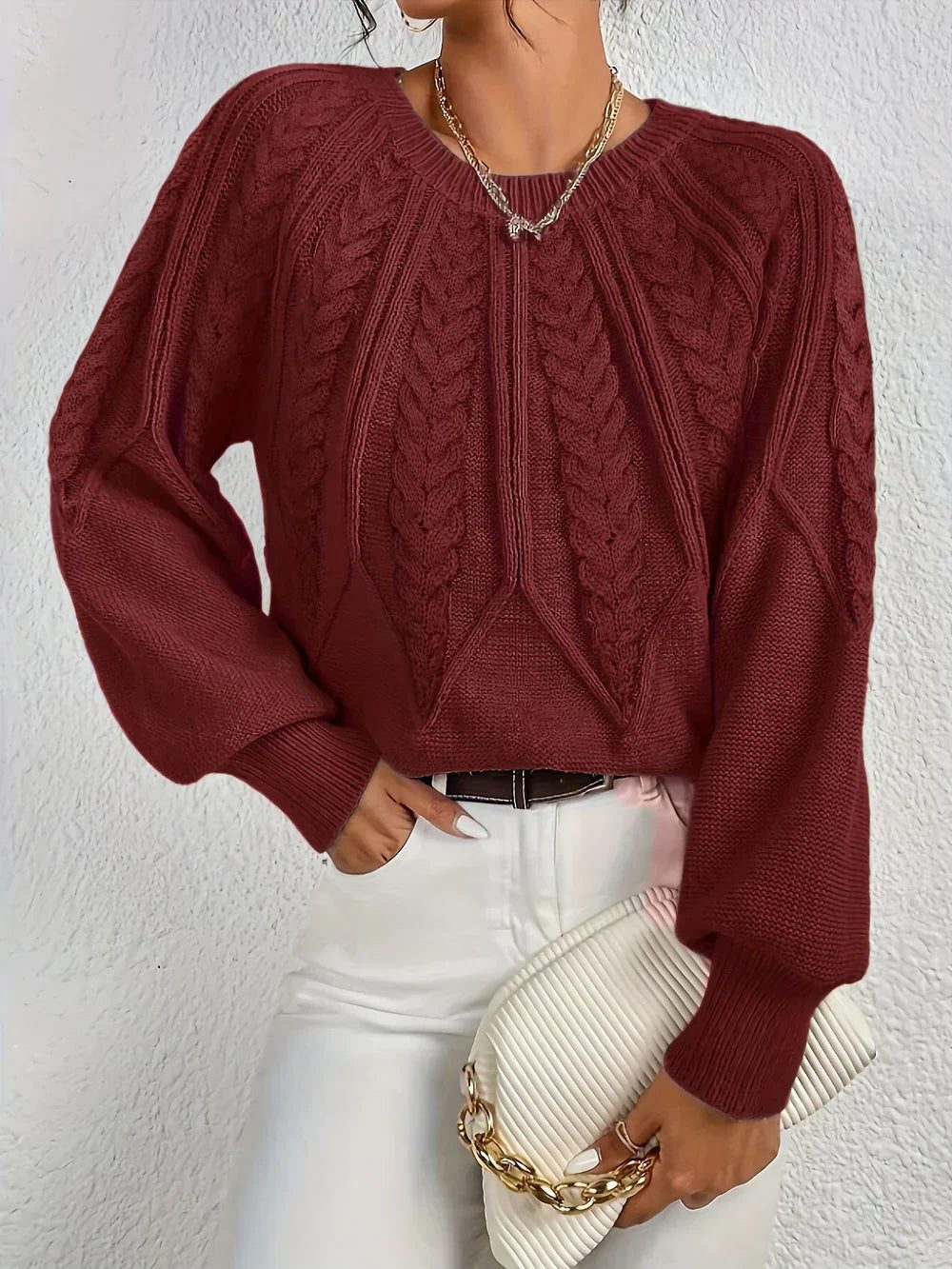 Linnea | Kurzer Zopfstrickpullover mit Rundhalsausschnitt für Damen