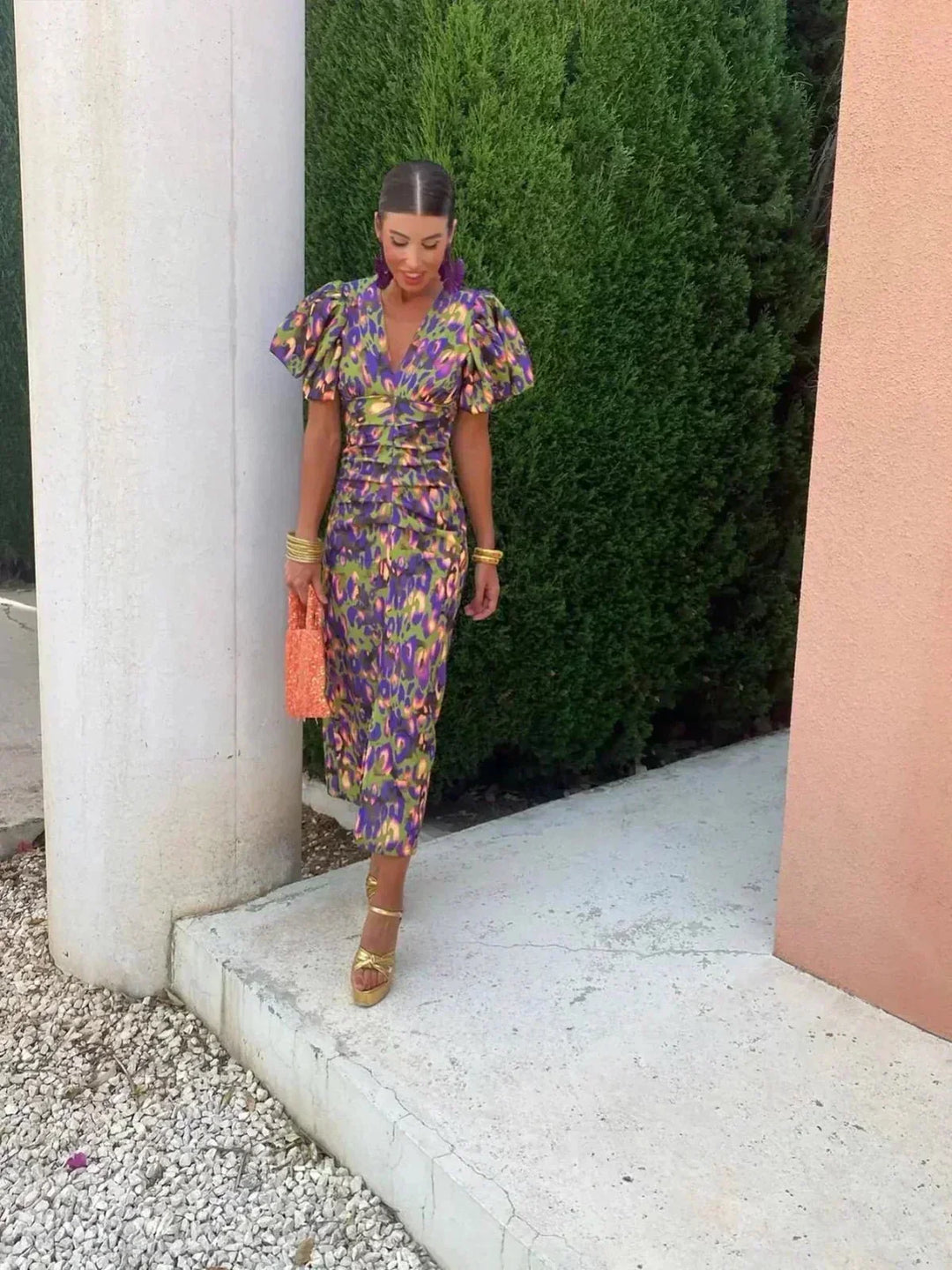 Suzette | Damen-Wickelkleid mit Puffärmeln und abstraktem Muster für Hochzeitsgäste