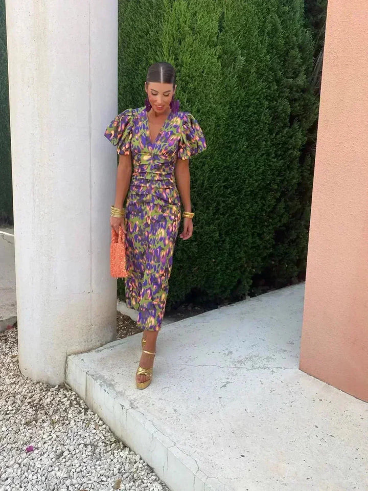 Suzette | Damen-Wickelkleid mit Puffärmeln und abstraktem Muster für Hochzeitsgäste