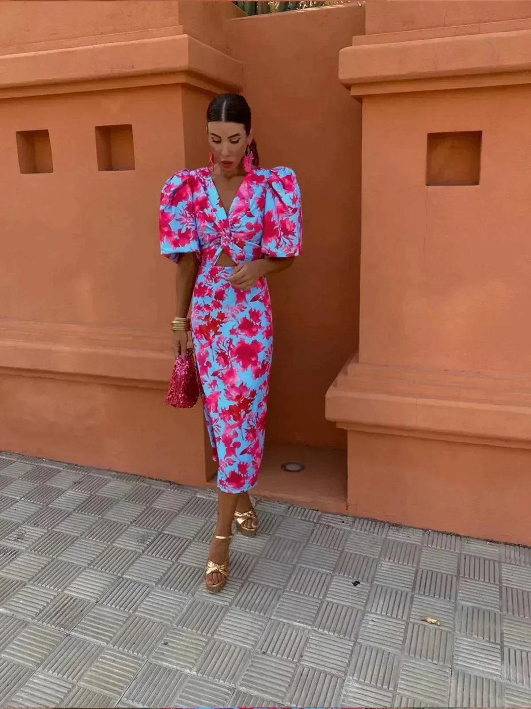 Suzette | Damen-Wickelkleid mit Puffärmeln und abstraktem Muster für Hochzeitsgäste