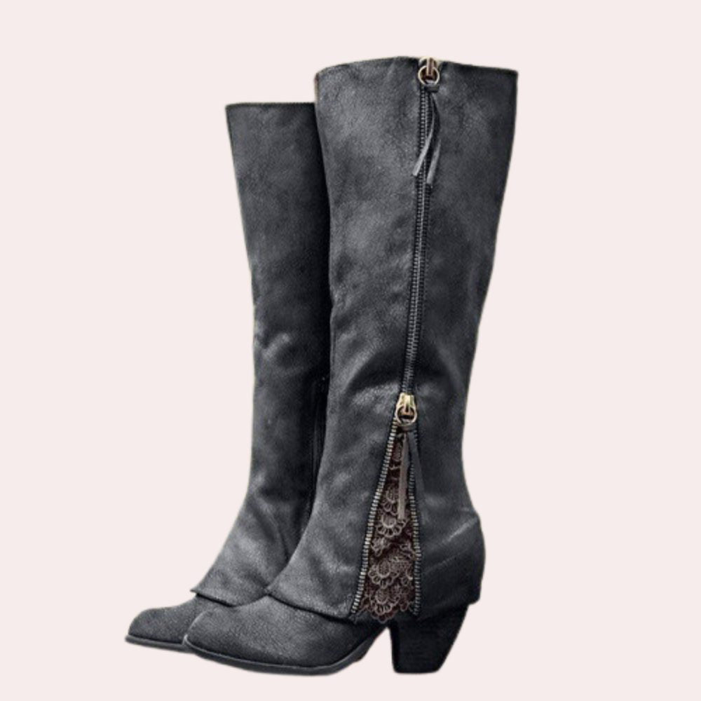 Marina | Stiefel mit Blockabsatz, Reissverschluss und Spitzendetail für Damen