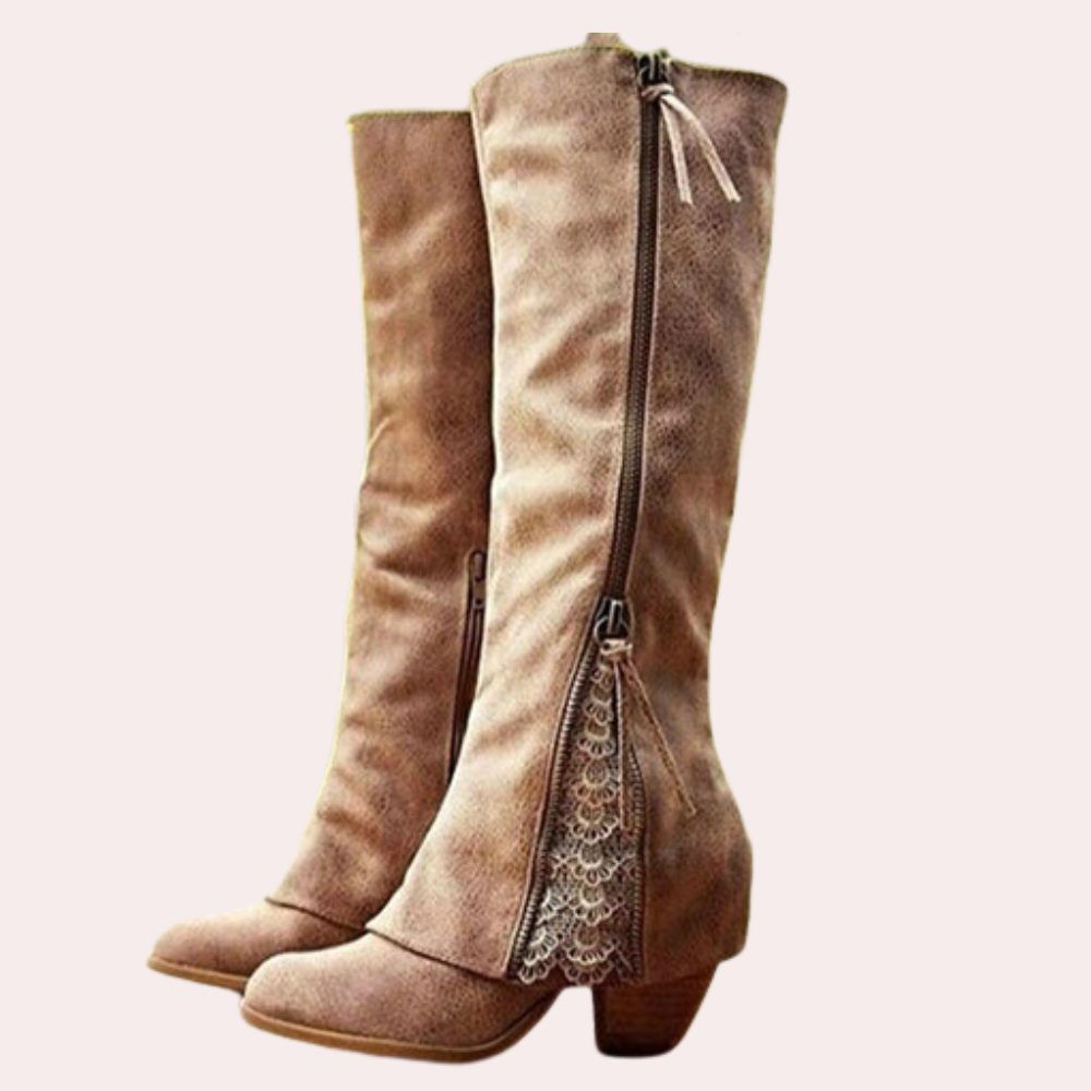 Marina | Stiefel mit Blockabsatz, Reissverschluss und Spitzendetail für Damen