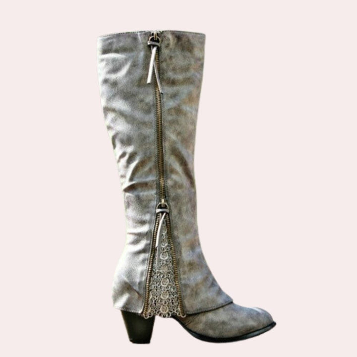 Marina | Stiefel mit Blockabsatz, Reissverschluss und Spitzendetail für Damen