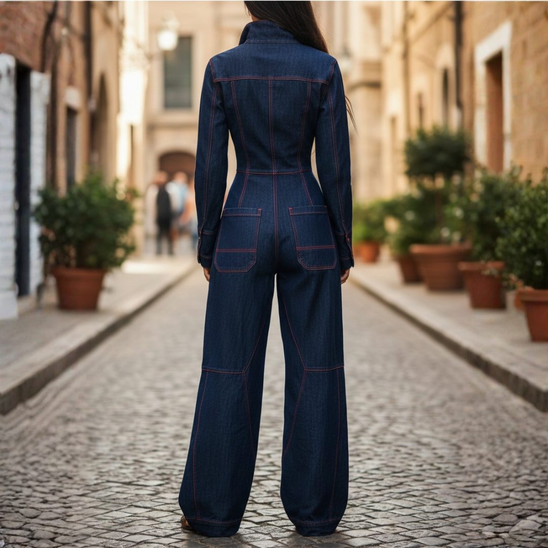 Marnie | Jeans-Jumpsuit mit weitem Bein und langen Ärmeln für Damen
