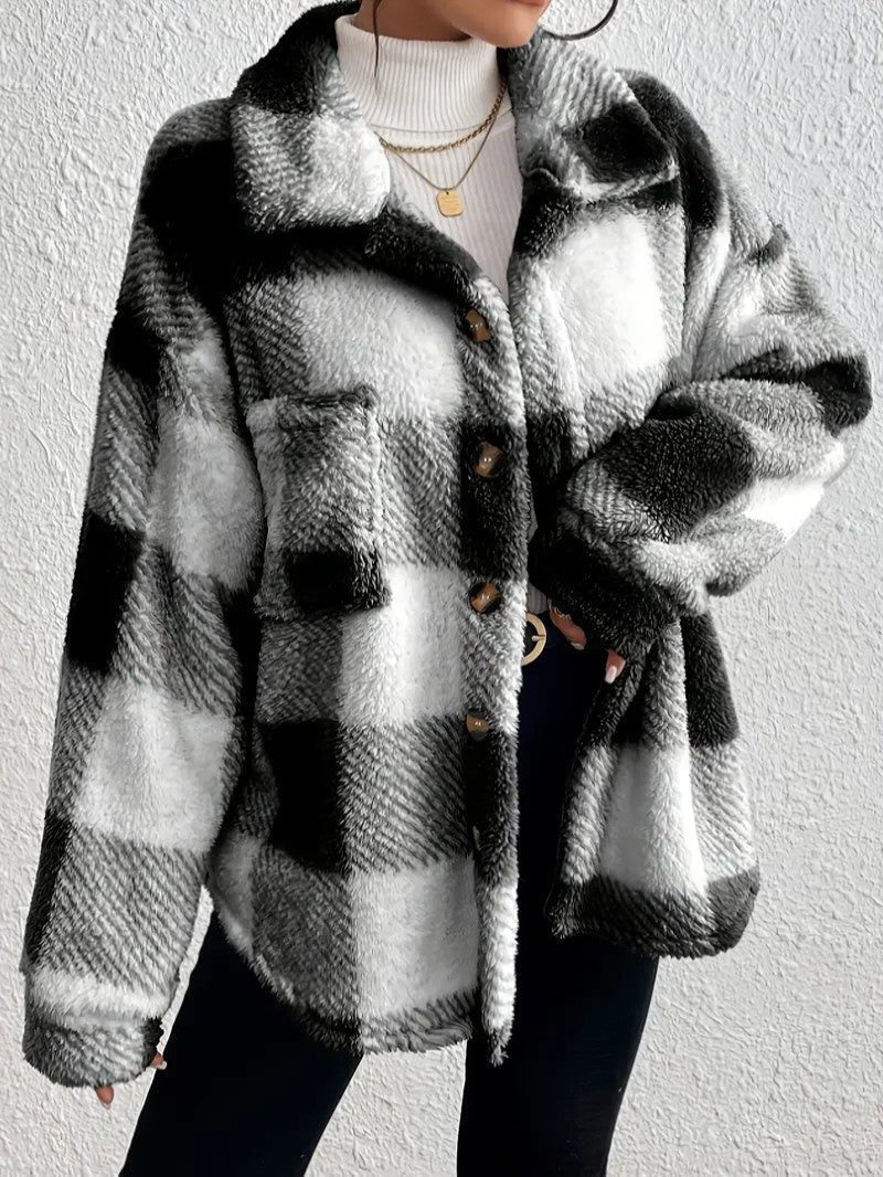 Maurelle | Karierte Oversized-Jacke aus weichem Flausch mit Knopfleiste für Damen