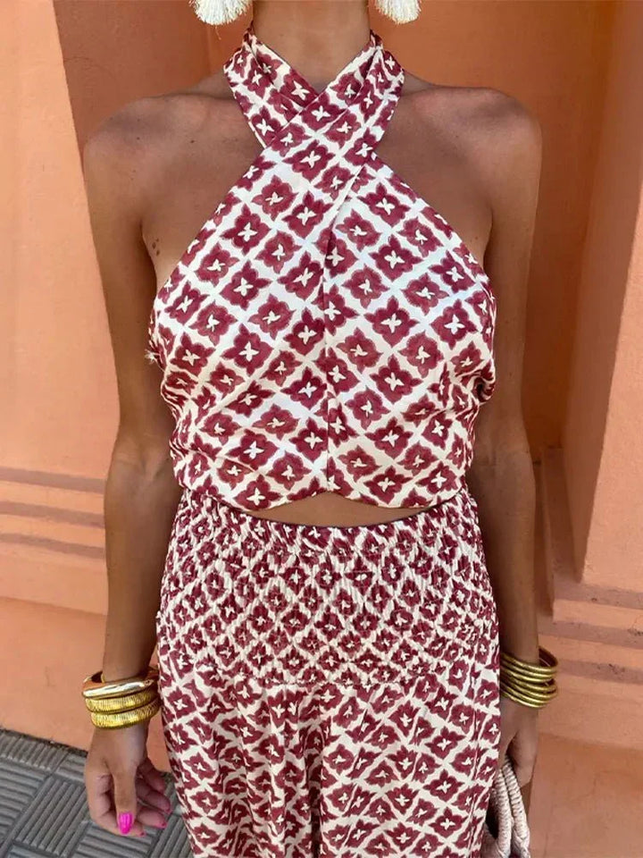 Cleo | Damen-Neckholder-Midikleid mit Cut-out und geometrischem Muster für Hochzeitsgäste