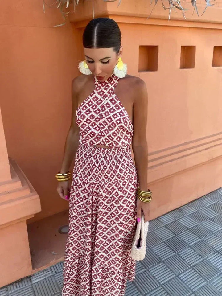 Cleo | Damen-Neckholder-Midikleid mit Cut-out und geometrischem Muster für Hochzeitsgäste