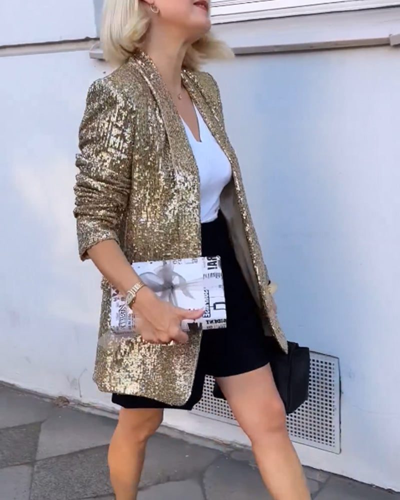 Myla | Langer Paillettenblazer mit offener Front für Damen